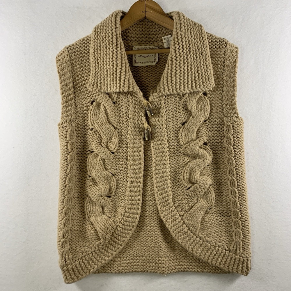 Kenji Womens Chunky Shawl Lambswool Angora Sweater Vest Large Camel Quiet Luxury